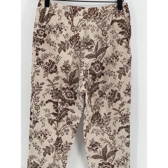 Charter Club Linen Pants Women 4 Petite Tan Brown Floral High‎ Waist Tapered - Picture 10 of 12